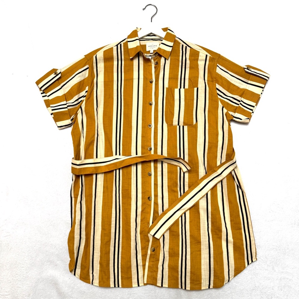 Sézane sz S Celia Striped Shirt Dress in Ochre Ecru Belted Oversized - Picture 6 of 9